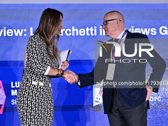 Marina Presello of SKY and Giovanni Gardini of PALERMO FC participate in the Social Football Summit 2024 at the Olympic Stadium in Rome, Ita...