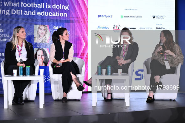 Gaia Pretner from ECA, Anna Sagarra from Real Betis Balompie, Jenny Morris from City Football Leadership Institute, and Sara Batters from Lo...