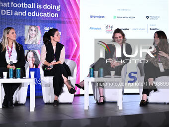 Gaia Pretner from ECA, Anna Sagarra from Real Betis Balompie, Jenny Morris from City Football Leadership Institute, and Sara Batters from Lo...