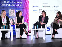 Gaia Pretner from ECA, Anna Sagarra from Real Betis Balompie, Jenny Morris from City Football Leadership Institute, and Sara Batters from Lo...