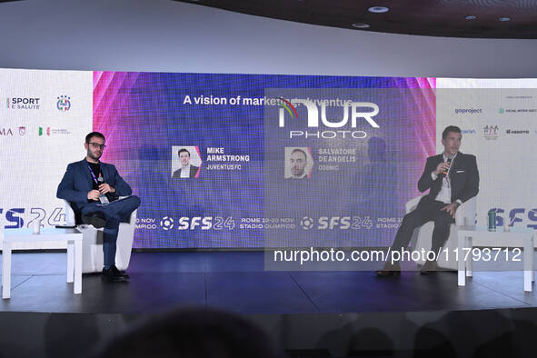 Salvatore De Angelis of COSMIC and Mike Armstrong of Juventus FC participate in the Social Football Summit 2024 at the Olympic Stadium in Ro...