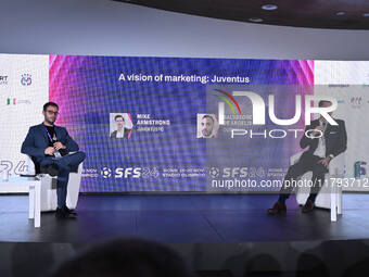 Salvatore De Angelis of COSMIC and Mike Armstrong of Juventus FC participate in the Social Football Summit 2024 at the Olympic Stadium in Ro...