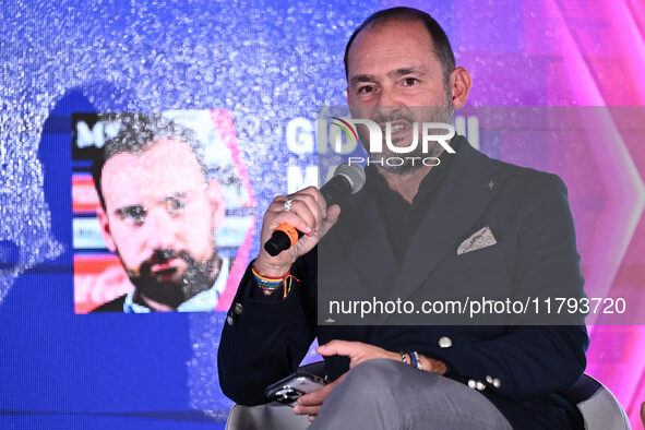 Giovanni Manna of SSC Napoli and Luca Marchetti of Sky participate in the Social Football Summit 2024 at the Olympic Stadium in Rome, Italy,...