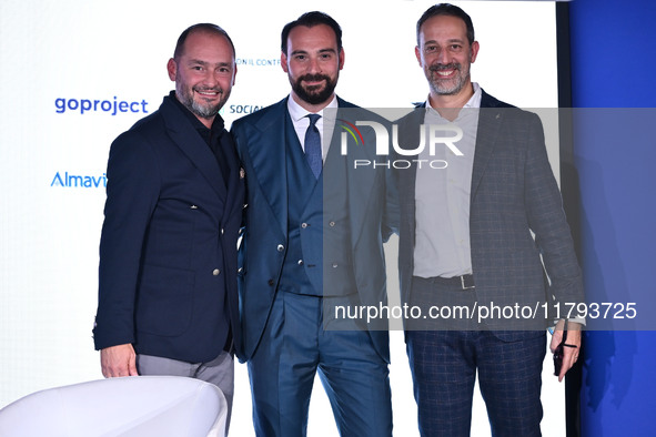 Gianluca Di Marzio from SKY, Giovanni Manna from SSC Napoli, and Luca Marchetti from SKY participate in the Social Football Summit 2024 at t...