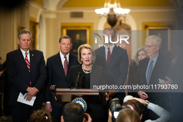 Sen. Shelley Moore Capito (R-WV) speaks during Senate Republicans' weekly press conference outside the Senate chamber, in Washington, Novemb...