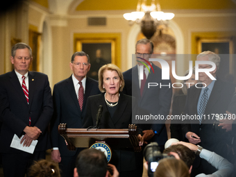 Sen. Shelley Moore Capito (R-WV) speaks during Senate Republicans' weekly press conference outside the Senate chamber, in Washington, Novemb...