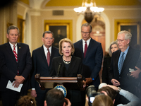 Sen. Shelley Moore Capito (R-WV) speaks during Senate Republicans' weekly press conference outside the Senate chamber, in Washington, Novemb...