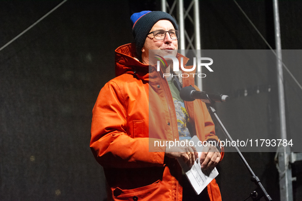 Andreas Wolter, Mayor of the City of Cologne, speaks on the stage as two hundred people take part in a demonstration to mark 1000 days since...