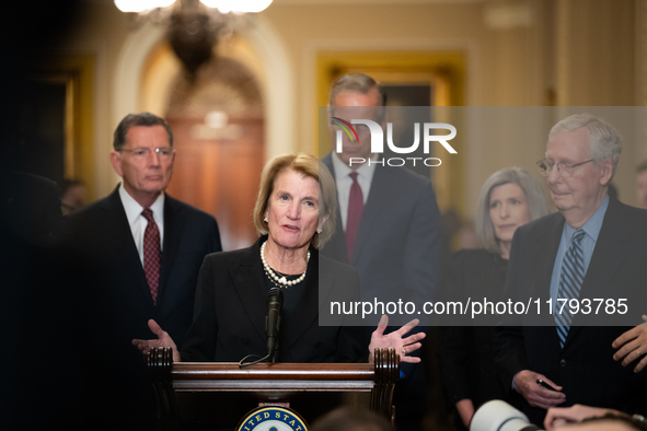 Sen. Shelley Moore Capito (R-WV) speaks during Senate Republicans' weekly press conference outside the Senate chamber, in Washington, Novemb...