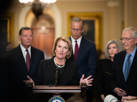 Sen. Shelley Moore Capito (R-WV) speaks during Senate Republicans' weekly press conference outside the Senate chamber, in Washington, Novemb...