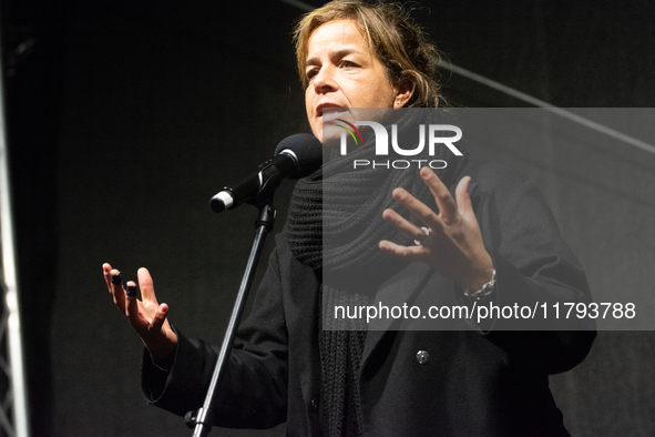 Mona Neubaur, NRW state minister of economy, speaks on the stage as two hundred people take part in a demonstration to mark 1000 days since...