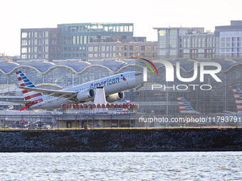 American Airlines Boeing 737 MAX 8 passenger aircraft spotted during takeoff and flying in front of the airport terminal, air traffic contro...