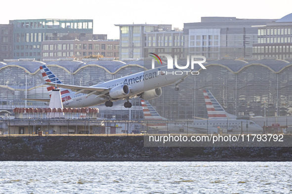 American Airlines Boeing 737 MAX 8 passenger aircraft spotted during takeoff and flying in front of the airport terminal, air traffic contro...