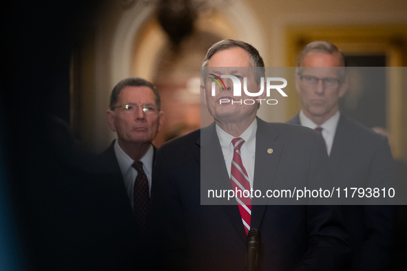 Sen. Steve Daines (R-MT) speaks during Senate Republicans' weekly press conference outside the Senate chamber, in Washington, November 19, 2...