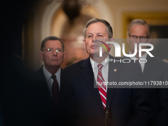 Sen. Steve Daines (R-MT) speaks during Senate Republicans' weekly press conference outside the Senate chamber, in Washington, November 19, 2...