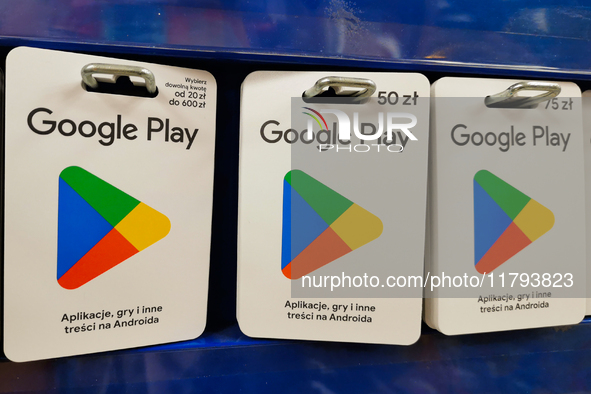 Google Play gift cards are seen in a store in Torun, Poland on November 19, 2024. 