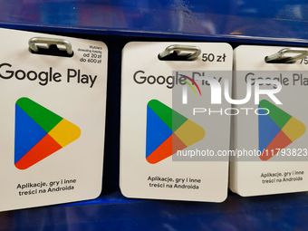 Google Play gift cards are seen in a store in Torun, Poland on November 19, 2024. (