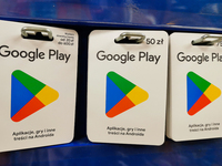 Google Play gift cards are seen in a store in Torun, Poland on November 19, 2024. (