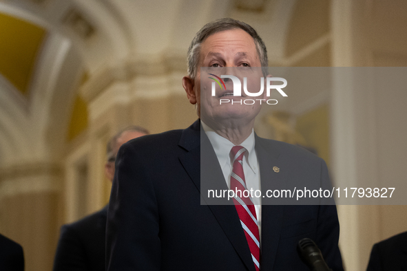 Sen. Steve Daines (R-MT) speaks during Senate Republicans' weekly press conference outside the Senate chamber, in Washington, November 19, 2...