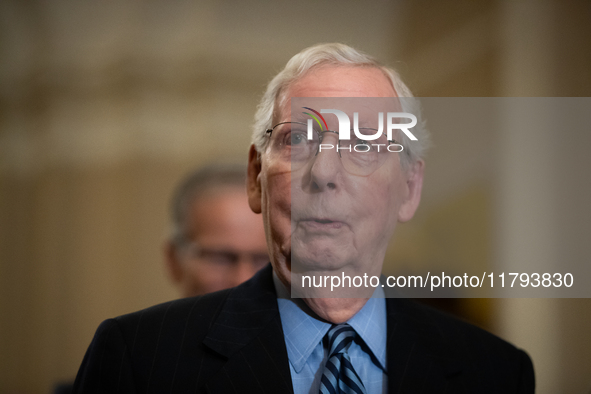 Senate Minority Leader Mitch McConnell (R-KY) speaks during Senate Republicans' weekly press conference outside the Senate chamber, in Washi...