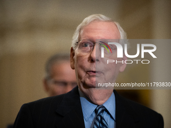 Senate Minority Leader Mitch McConnell (R-KY) speaks during Senate Republicans' weekly press conference outside the Senate chamber, in Washi...