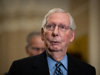 Senate Minority Leader Mitch McConnell (R-KY) speaks during Senate Republicans' weekly press conference outside the Senate chamber, in Washi...