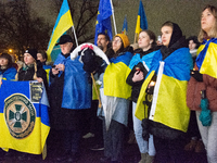 Two hundred people take part in a demonstration to mark 1,000 days since the full-scale war between Ukraine and Russia in Cologne, Germany,...