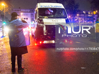 A destroyed medical vehicle is displayed as two hundred people march in silence to mark 1000 days since the full-scale war between Ukraine a...