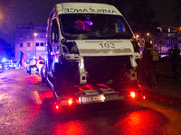 A destroyed medical vehicle is displayed as two hundred people march in silence to mark 1000 days since the full-scale war between Ukraine a...