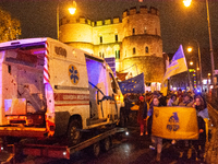 A destroyed medical vehicle is displayed as two hundred people march in silence to mark 1000 days since the full-scale war between Ukraine a...