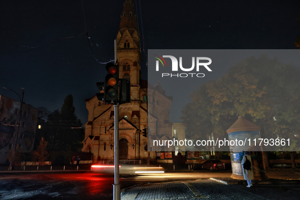 St. Paul's Lutheran Church (Odesa Kirche) is seen during a power outage in Odesa, Ukraine, on November 18, 2024. 