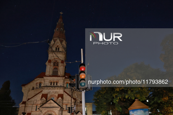 St. Paul's Lutheran Church (Odesa Kirche) is seen during a power outage in Odesa, Ukraine, on November 18, 2024. 