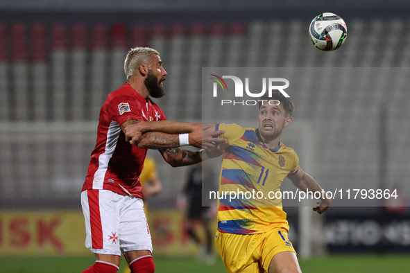 Enrico Pepe of Malta vies for the ball with Albert Rosas of Andorra during the UEFA Nations League, League D, Group D2 soccer match between...