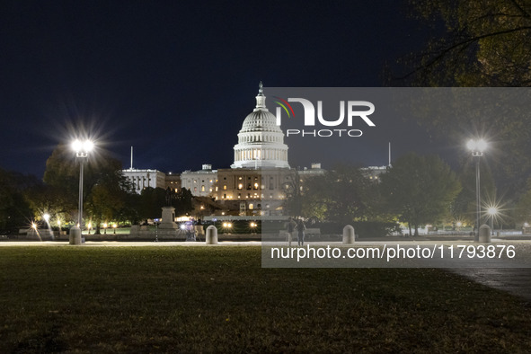 Night view of the illuminated US Capitol, the seat of the United States Congress with the United States Senate and the US House of Represent...