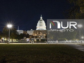 Night view of the illuminated US Capitol, the seat of the United States Congress with the United States Senate and the US House of Represent...