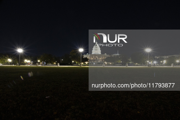 Night view of the illuminated US Capitol, the seat of the United States Congress with the United States Senate and the US House of Represent...