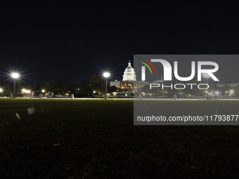 Night view of the illuminated US Capitol, the seat of the United States Congress with the United States Senate and the US House of Represent...