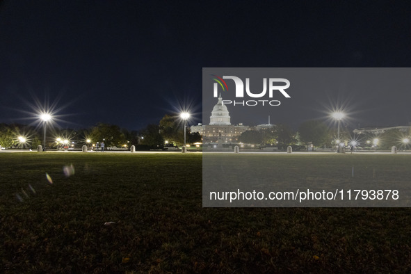 Night view of the illuminated US Capitol, the seat of the United States Congress with the United States Senate and the US House of Represent...