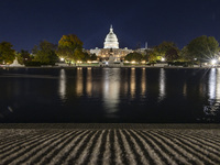 Night view with dark sky of the illuminated US Capitol reflecting on the pool water surface. The Capitol is the seat of the United States Co...