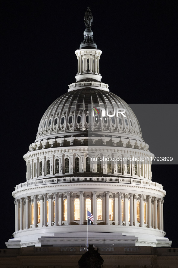 Night view of the illuminated US Capitol, the seat of the United States Congress with the United States Senate and the US House of Represent...