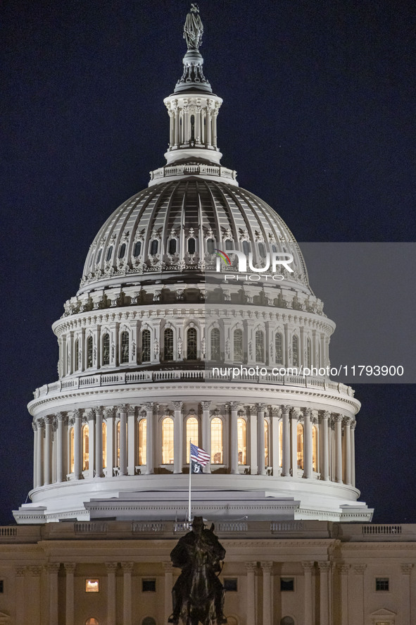 Night view of the illuminated US Capitol, the seat of the United States Congress with the United States Senate and the US House of Represent...