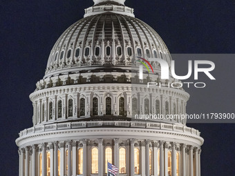 Night view of the illuminated US Capitol, the seat of the United States Congress with the United States Senate and the US House of Represent...