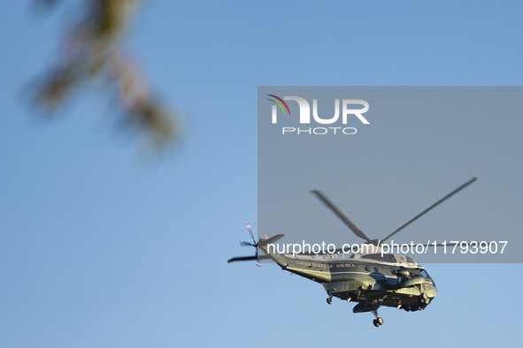 U.S. Marine Corps VH-92A know as Marine One helicopter flying over Washington DC. Marine One is the call sign of any United States Marine Co...