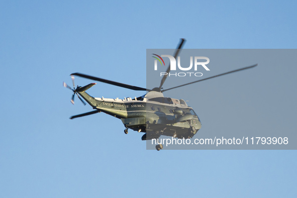 U.S. Marine Corps VH-92A know as Marine One helicopter flying over Washington DC. Marine One is the call sign of any United States Marine Co...