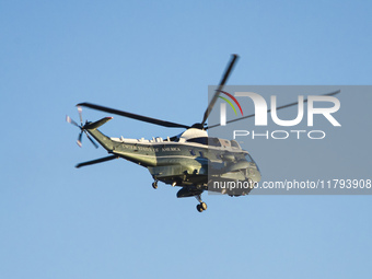 U.S. Marine Corps VH-92A know as Marine One helicopter flying over Washington DC. Marine One is the call sign of any United States Marine Co...