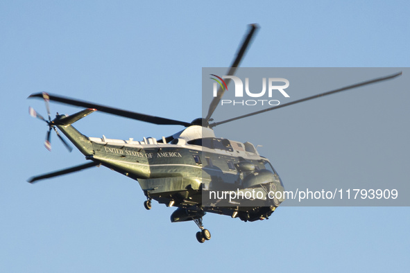 U.S. Marine Corps VH-92A know as Marine One helicopter flying over Washington DC. Marine One is the call sign of any United States Marine Co...