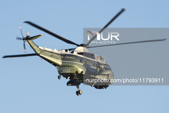 U.S. Marine Corps VH-92A know as Marine One helicopter flying over Washington DC. Marine One is the call sign of any United States Marine Co...