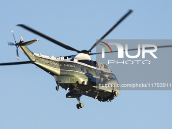 U.S. Marine Corps VH-92A know as Marine One helicopter flying over Washington DC. Marine One is the call sign of any United States Marine Co...