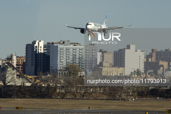 Frontier Airlines Airbus A320neo passenger aircraft spotted on final approach flying, landing and taxiing on the runway and taxiway of LaGua...