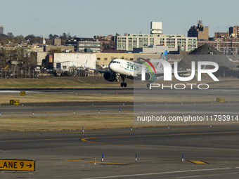 Frontier Airlines Airbus A320neo passenger aircraft spotted on final approach flying, landing and taxiing on the runway and taxiway of LaGua...